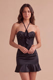 Black Corset Halter Beaded Ruffled Short Cocktail Dress
