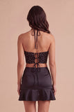 Black Corset Halter Beaded Ruffled Short Cocktail Dress