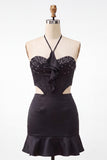 Black Corset Halter Beaded Ruffled Short Cocktail Dress
