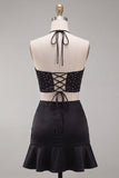 Black Corset Halter Beaded Ruffled Short Cocktail Dress