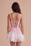 Sparkly Pink Sequin Square Neck Short Cocktail Dress