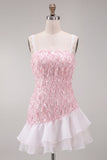 Sparkly Pink Sequin Square Neck Short Cocktail Dress