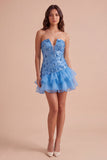 Sparkly Blue Floral Sequin Ruffled Short Cocktail Dress
