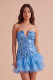 Sparkly Blue Floral Sequin Ruffled Short Cocktail Dress