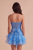Sparkly Blue Floral Sequin Ruffled Short Cocktail Dress
