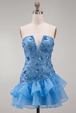 Sparkly Blue Floral Sequin Ruffled Short Cocktail Dress