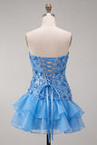 Sparkly Blue Floral Sequin Ruffled Short Cocktail Dress