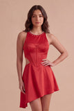 Red Corset A Line Beaded Asymmetrical Cocktail Dress