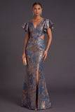 Navy Jacquard Mermaid Floral Ruffled Long Formal Dress with Slit
