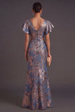 Navy Jacquard Mermaid Floral Ruffled Long Formal Dress with Slit