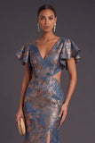 Navy Jacquard Mermaid Floral Ruffled Long Formal Dress with Slit