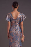 Navy Jacquard Mermaid Floral Ruffled Long Formal Dress with Slit