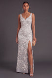 Light Grey Floral Appliqued Mermaid Thick Straps Long Formal Dress with Slit
