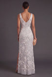 Light Grey Floral Appliqued Mermaid Thick Straps Long Formal Dress with Slit