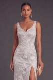 Light Grey Floral Appliqued Mermaid Thick Straps Long Formal Dress with Slit