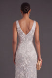 Light Grey Floral Appliqued Mermaid Thick Straps Long Formal Dress with Slit