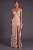 Champagne Sparkly Sequined Spaghetti Straps Long Formal Dress with Slit