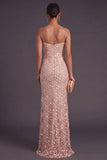 Champagne Sparkly Sequined Spaghetti Straps Long Formal Dress with Slit