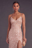 Champagne Sparkly Sequined Spaghetti Straps Long Formal Dress with Slit