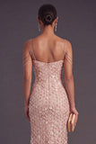 Champagne Sparkly Sequined Spaghetti Straps Long Formal Dress with Slit