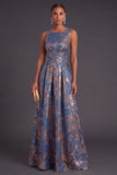 Jacquard Navy Floral A Line Long Formal Dress