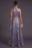 Jacquard Navy Floral A Line Long Formal Dress