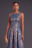 Jacquard Navy Floral A Line Long Formal Dress