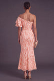 Peach Mermaid Floral Ruffled Long Formal Dress