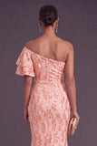 Peach Mermaid Floral Ruffled Long Formal Dress