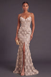 Champagne Mermaid Spaghetti Straps Floral Long Formal Dress with Slit