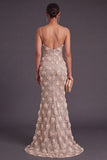 Champagne Mermaid Spaghetti Straps Floral Long Formal Dress with Slit