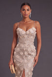 Champagne Mermaid Spaghetti Straps Floral Long Formal Dress with Slit