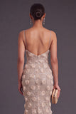 Champagne Mermaid Spaghetti Straps Floral Long Formal Dress with Slit