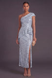 Dusty Blue Sheath One Shoulder Sequined Maxi Formal Dress with Slit