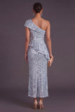 Dusty Blue Sheath One Shoulder Sequined Maxi Formal Dress with Slit