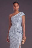 Dusty Blue Sheath One Shoulder Sequined Maxi Formal Dress with Slit