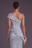 Dusty Blue Sheath One Shoulder Sequined Maxi Formal Dress with Slit