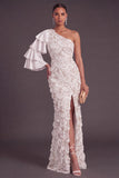 Sparkly Light Grey Floral One Shoulder Ruffled Maxi Formal Dress with Slit