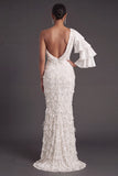 Sparkly Light Grey Floral One Shoulder Ruffled Maxi Formal Dress with Slit