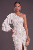 Sparkly Light Grey Floral One Shoulder Ruffled Maxi Formal Dress with Slit