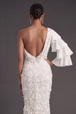 Sparkly Light Grey Floral One Shoulder Ruffled Maxi Formal Dress with Slit