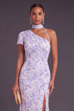 Lilac Mermaid One Shoulder Ruched Long Formal Dress with Slit
