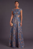 Navy Jacquard Floral A Line Long Formal Dress