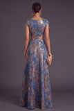 Navy Jacquard Floral A Line Long Formal Dress