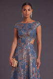 Navy Jacquard Floral A Line Long Formal Dress