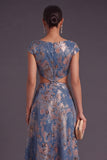 Navy Jacquard Floral A Line Long Formal Dress