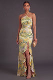 Yellow Floral Mermaid Ruffled Halter Neck Long Formal Dress with Slit