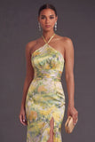 Yellow Floral Mermaid Ruffled Halter Neck Long Formal Dress with Slit