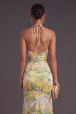 Yellow Floral Mermaid Ruffled Halter Neck Long Formal Dress with Slit