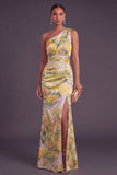 Yellow Mermaid One Shoulder Ruched Maxi Formal Dress with Slit